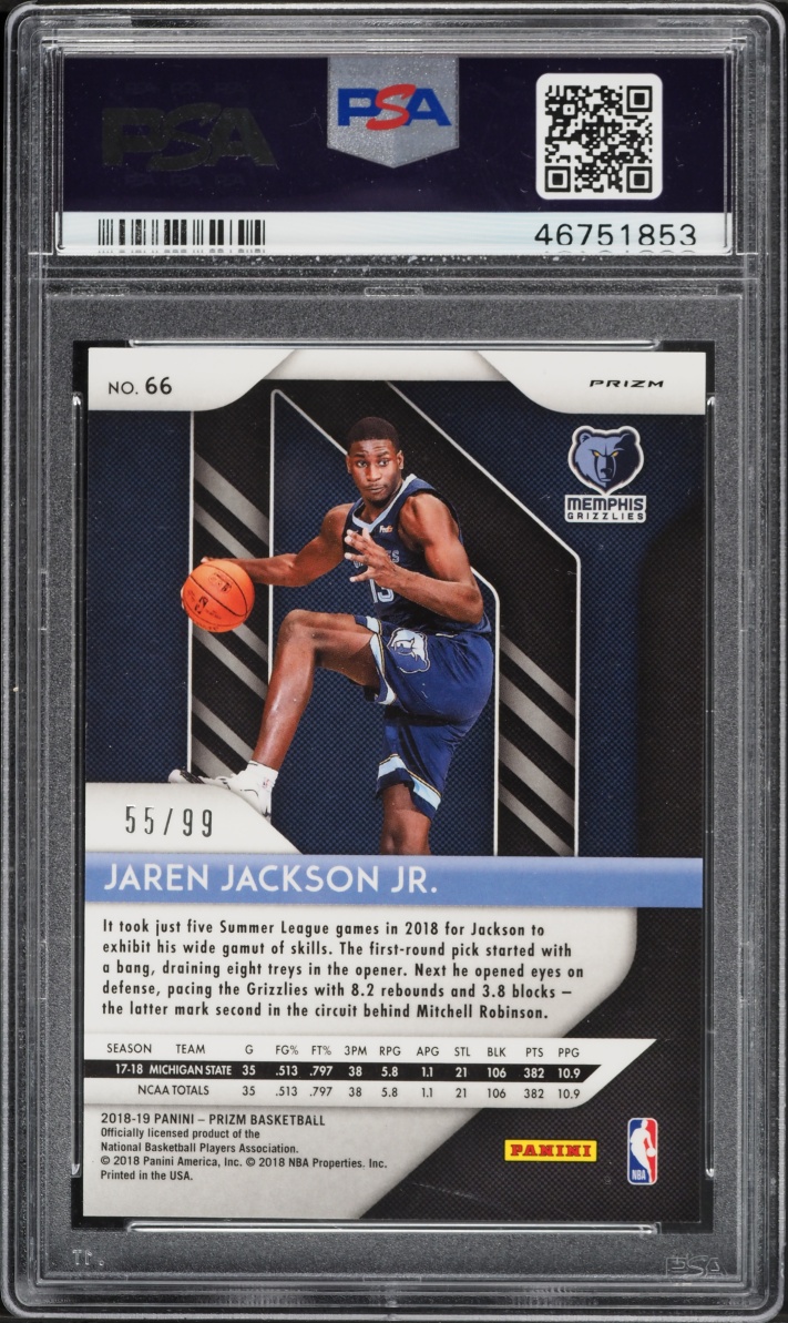 2018 Panini Prizm Blue Ice Jaren Jackson Jr. ROOKIE /99 #66 PSA 9 MINT