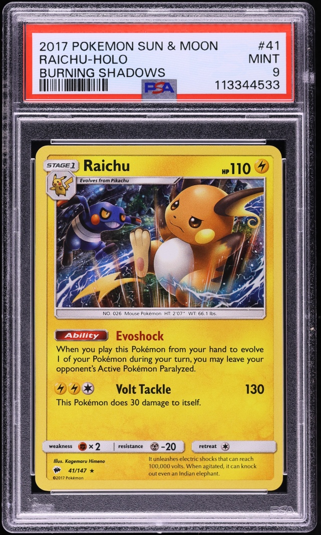 2017 Pokemon Sun & Moon Burning Shadows Holo Raichu #41 PSA 9 MINT