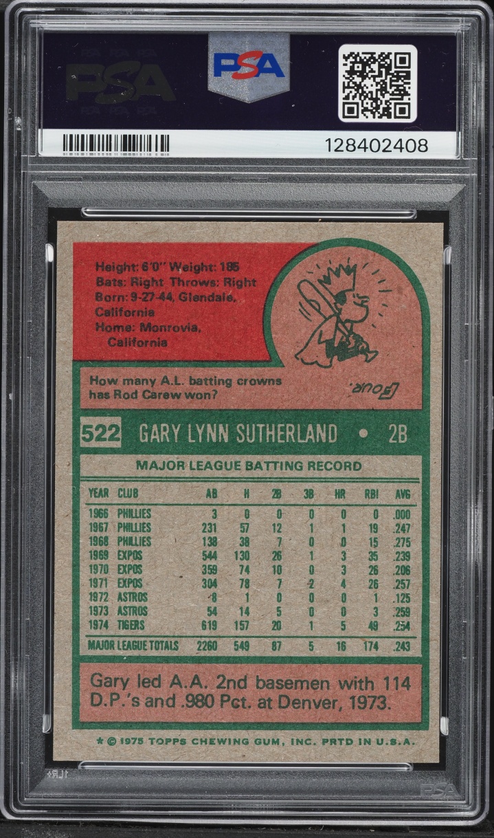 1975 Topps Gary Sutherland #522 PSA 8 NM-MT