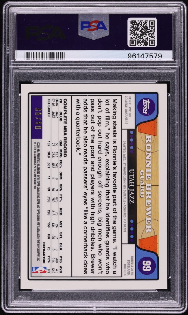 2008 Topps Chrome Gold Refractor Ronnie Brewer /50 #99 PSA 9 MINT