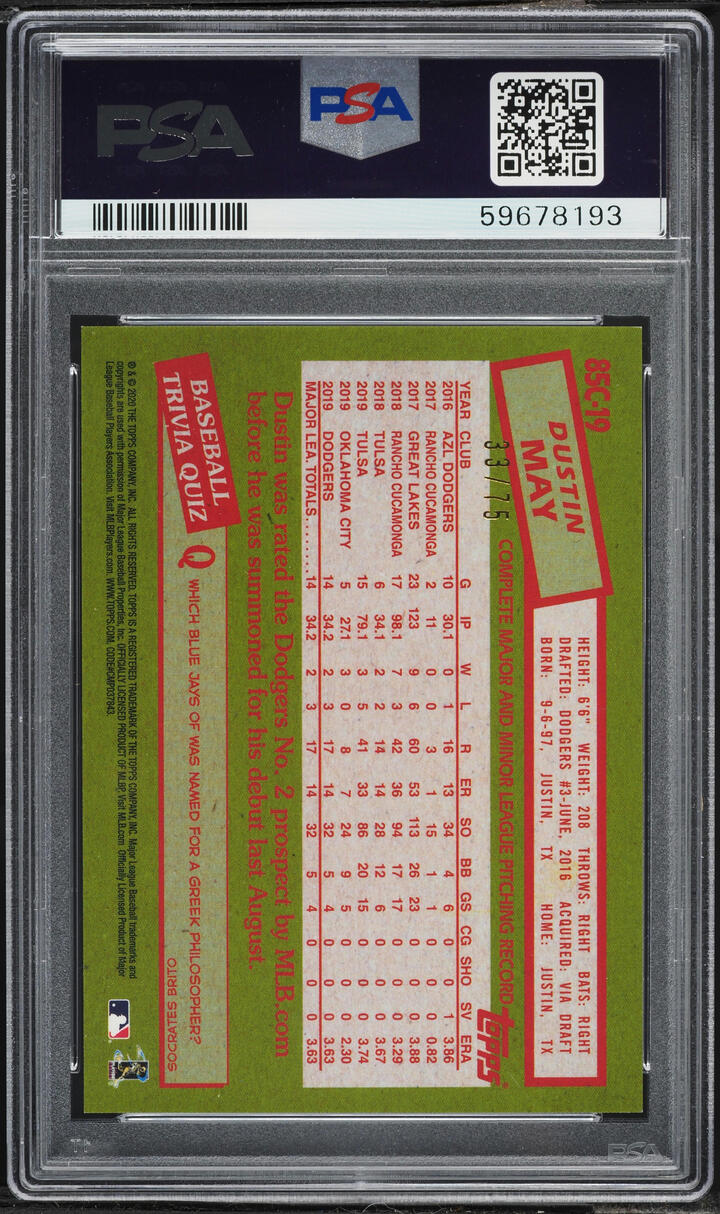 2020 Topps Silver Pack '85 Chrome Promo Purple Refractor Dustin May ROOKIE /75 #19 PSA 10 GEM