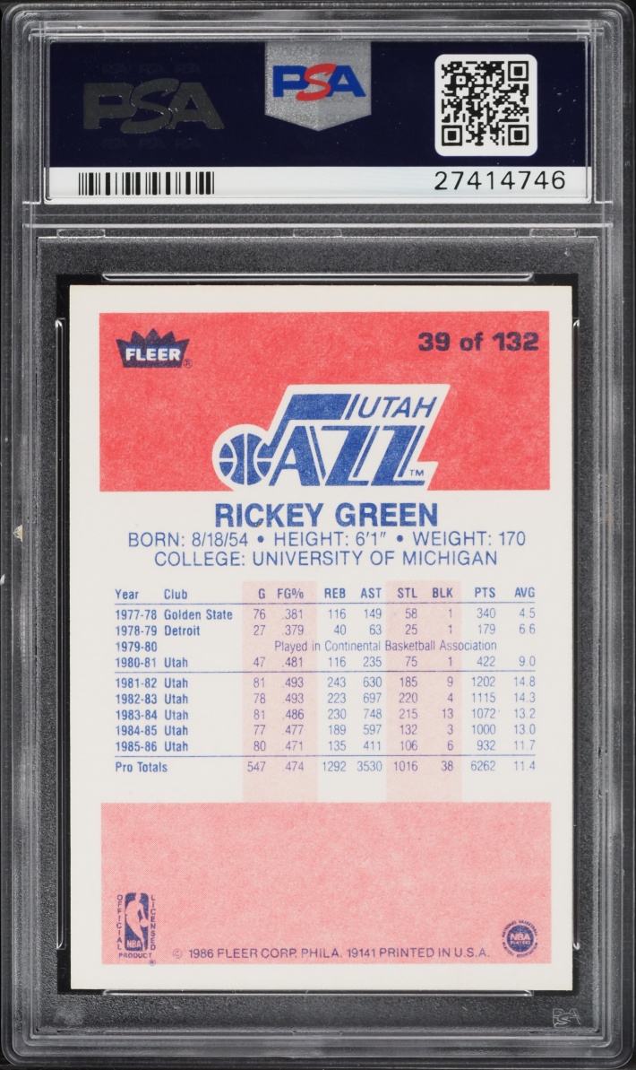 1986 Fleer Basketball Rickey Green #39 PSA 9 MINT