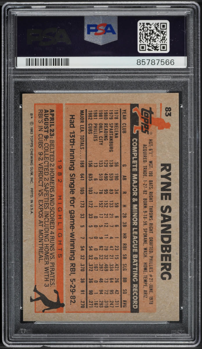 1983 Topps Ryne Sandberg ROOKIE #83 PSA 10 GEM MINT
