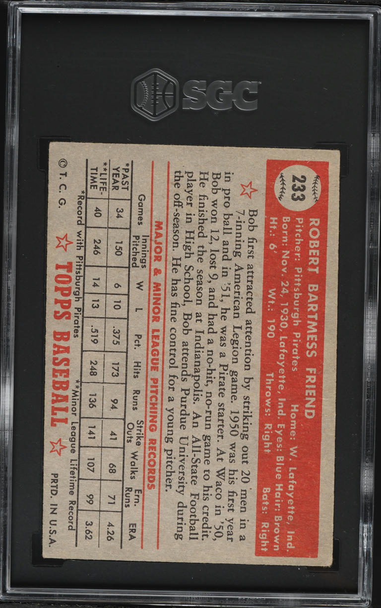 1952 Topps Bob Friend ROOKIE #233 SGC 5 EX