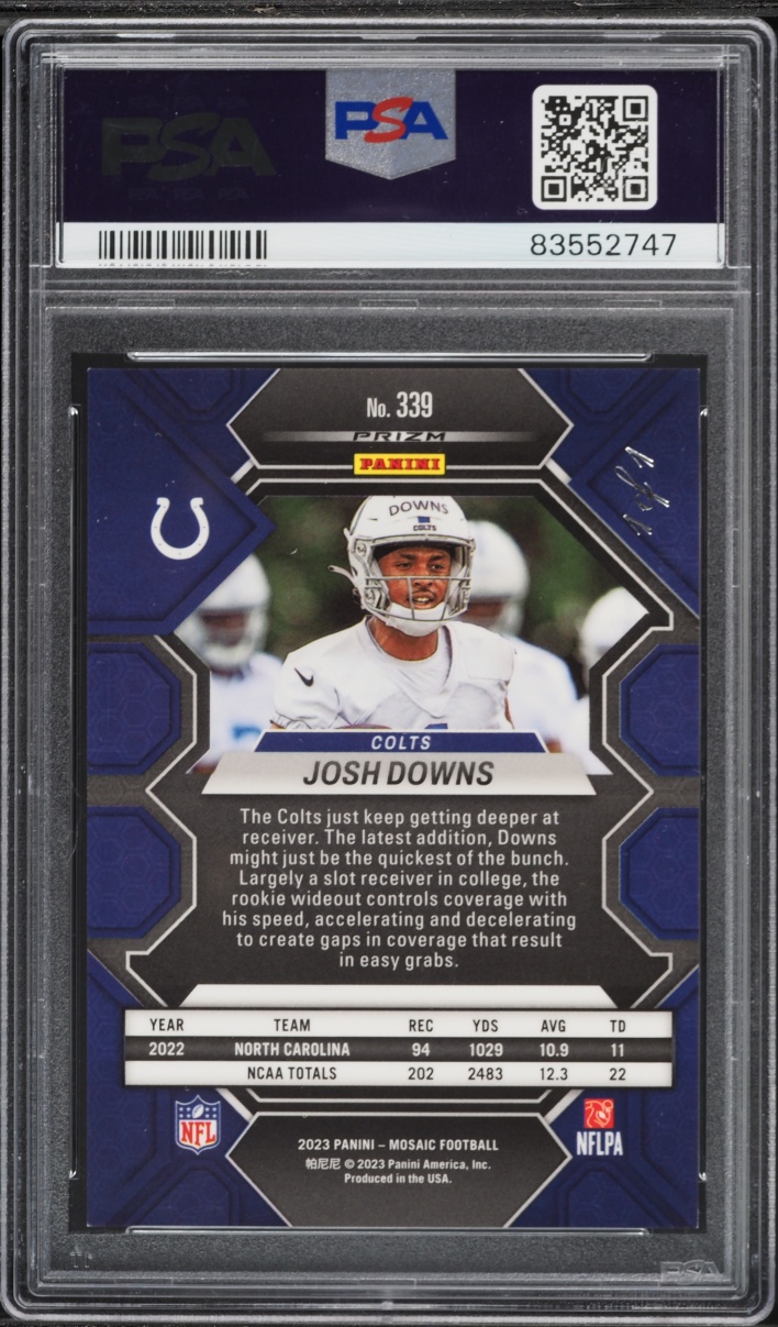 2023 Panini Mosaic Nebula Choice Josh Downs ROOKIE 1/1 #339 PSA 9 MINT - Photo 2