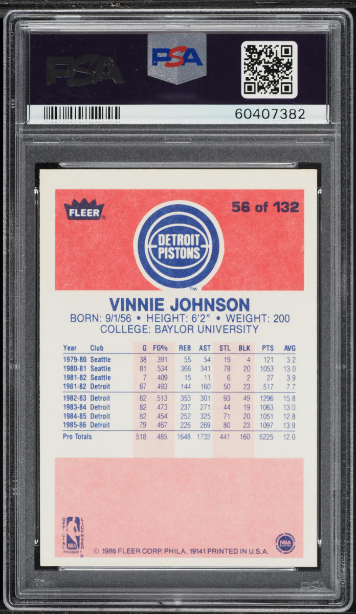 1986 Fleer Basketball Vinnie Johnson #56 PSA 6 EXMT