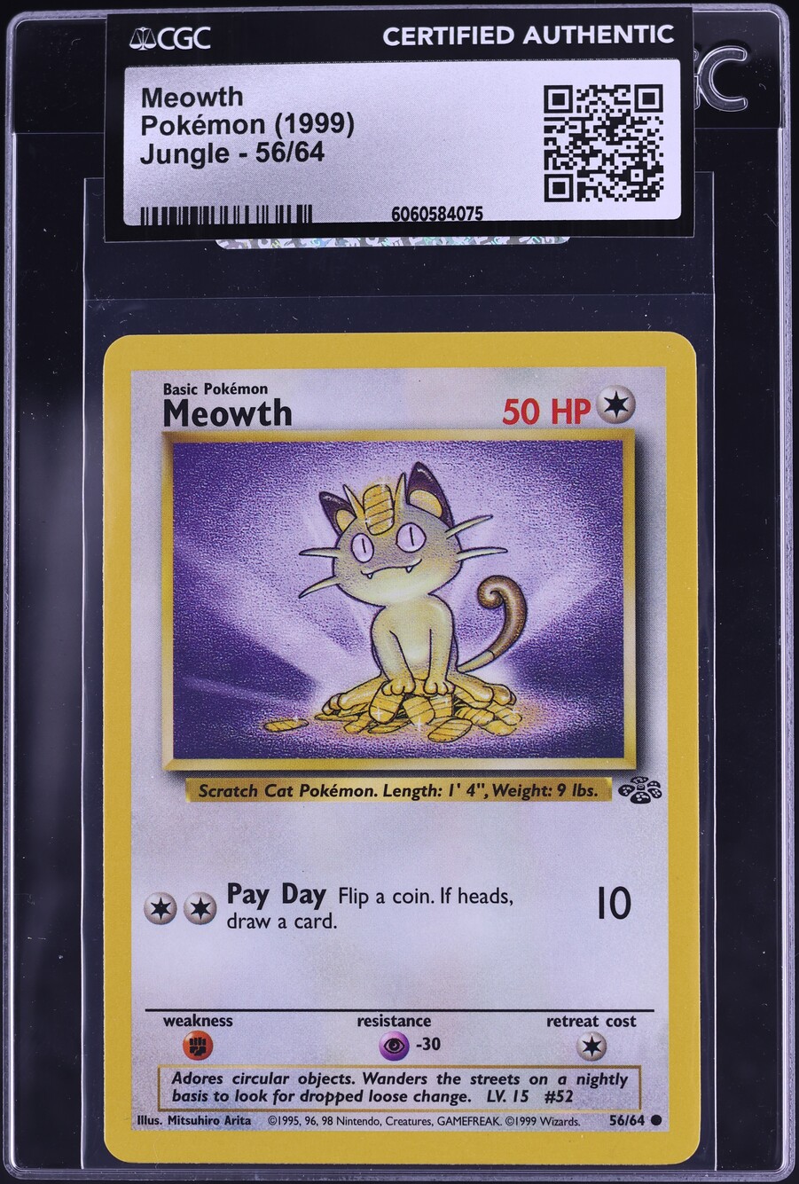 1999 Pokemon Jungle Meowth #56 CGC AUTH