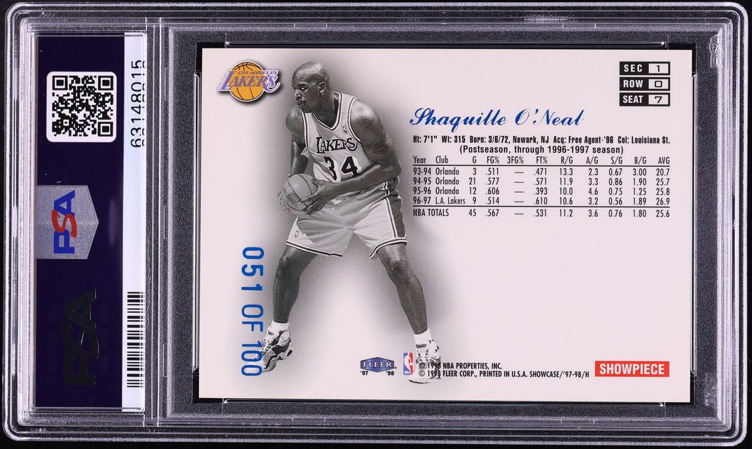 1997 Flair Showcase Legacy Collection Row 0 Shaquille O'Neal /100 #7 PSA 10 GEM MINT - Photo 2
