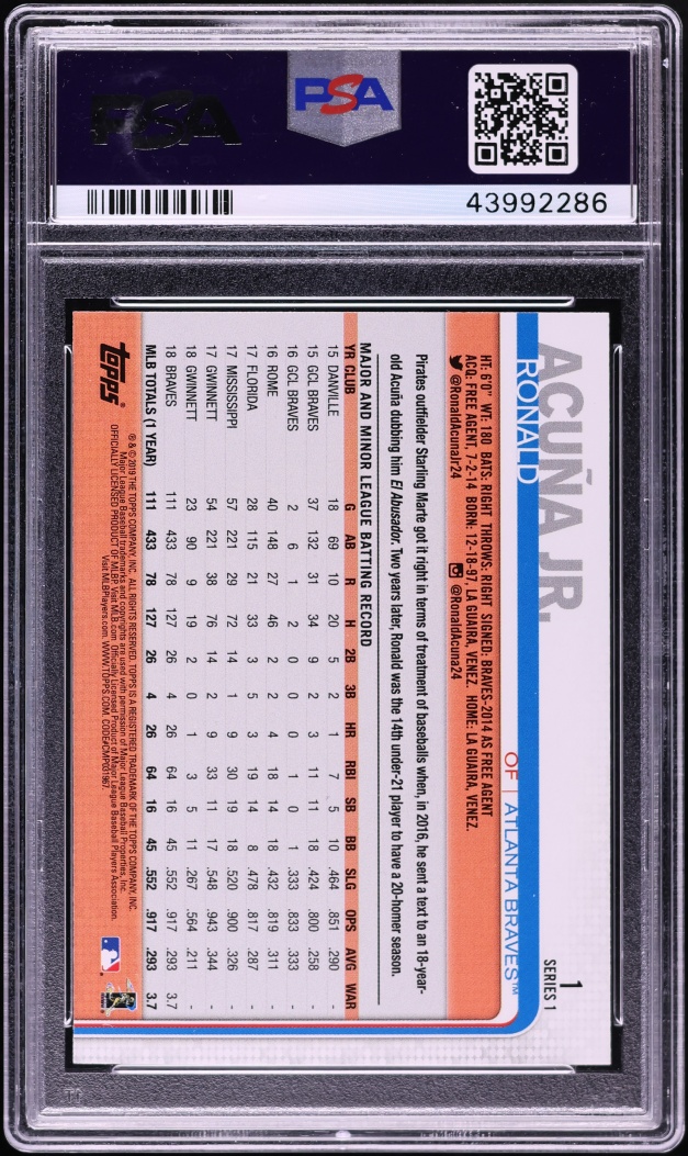 2019 Topps Hand Sign Ronald Acuna Jr. SP #1 PSA 10 GEM MINT