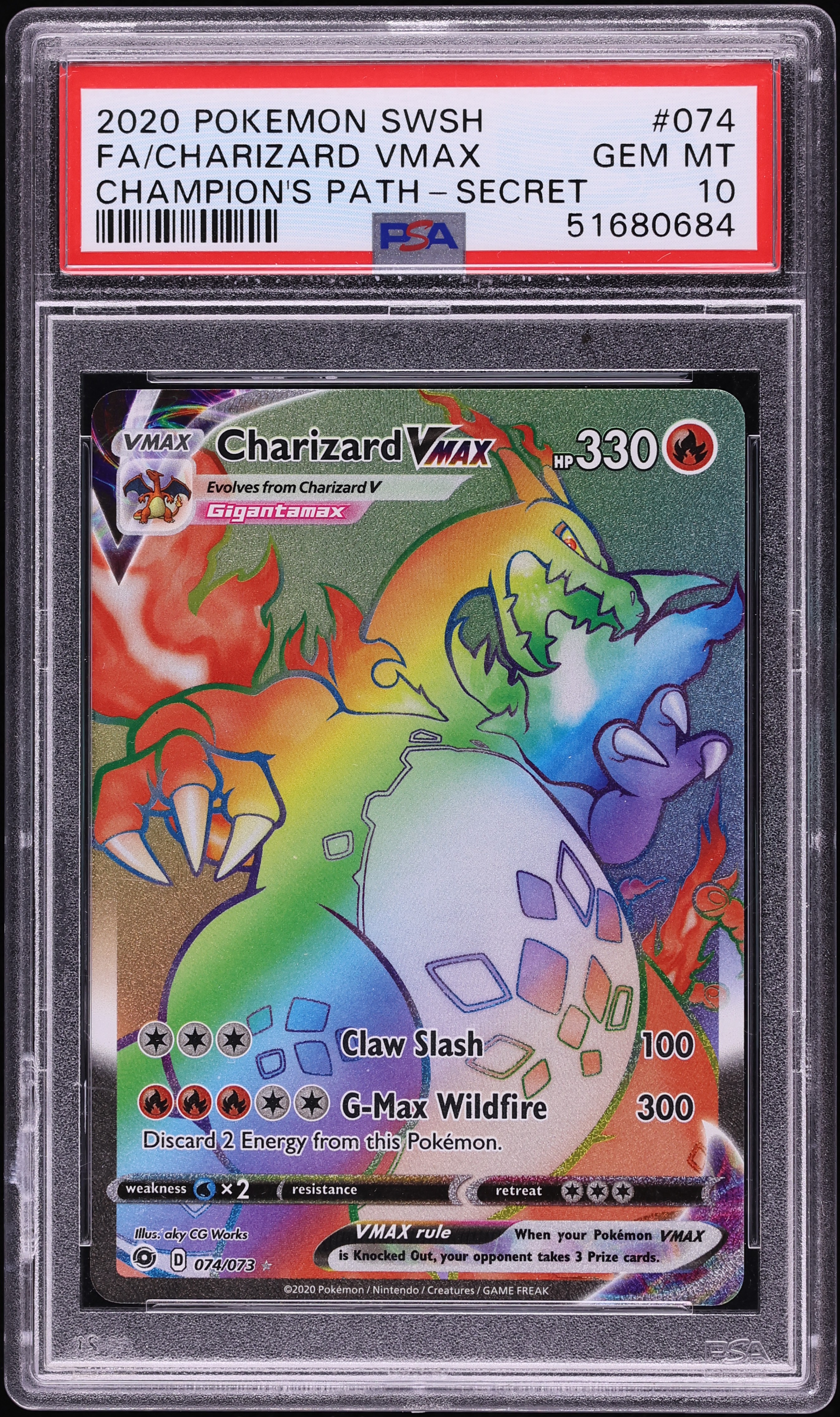 2020 Pokemon Sword & Shield Champion's Path Rainbow Rare Charizard VMAX #74 PSA 10 GEM MINT