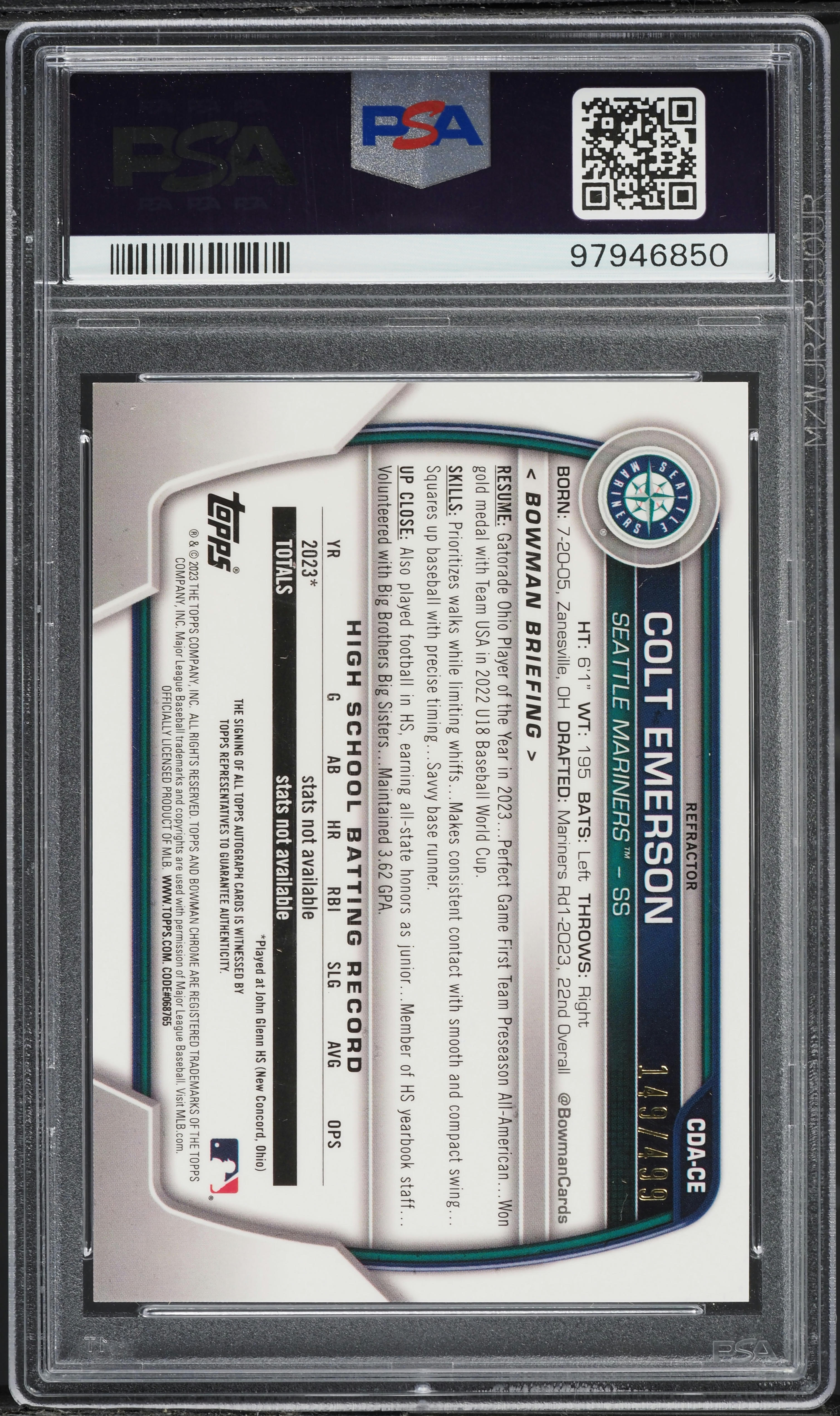 2023 Bowman Chrome Draft Refractor Colt Emerson AUTO /499
