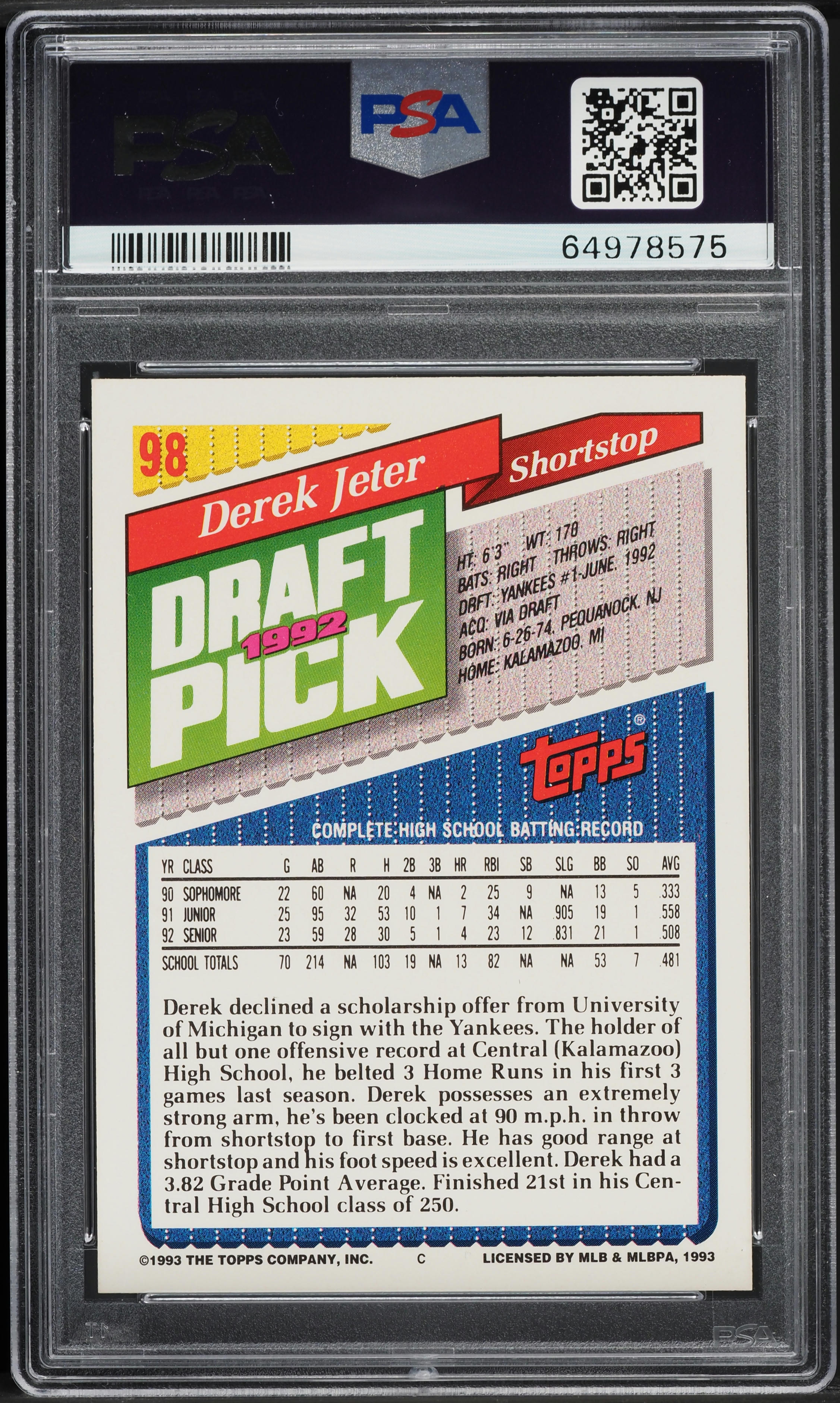 1993 Topps Florida Marlins Inaugural Derek Jeter ROOKIE #98 PSA 9 MINT