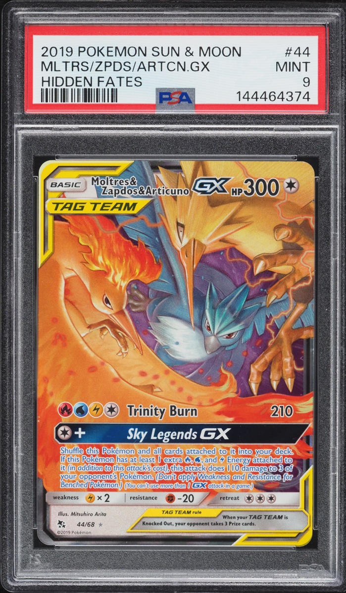 2019 Pokemon Sun & Moon Hidden Fates Moltres & Zapdos & Articuno GX #44 PSA 9 MINT