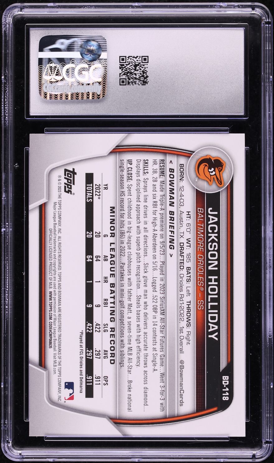 2023 Bowman Draft Jackson Holliday PROSPECT #BD-118 CGC 10 GEM MINT