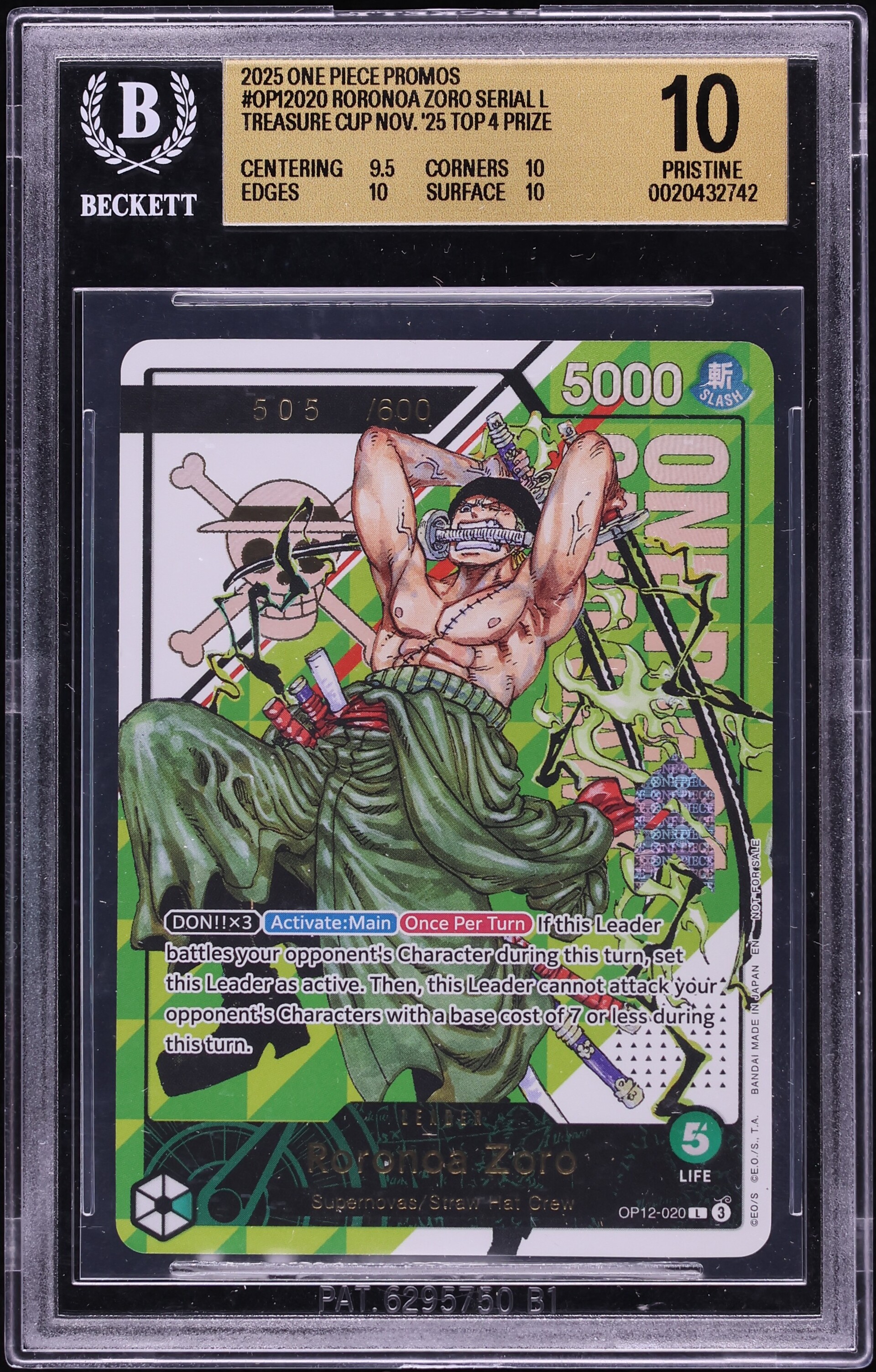 2025 One Piece Promo Treasure Cup Top 4 Leader Roronoa Zoro #OP12-020 BGS 10 PRISTINE