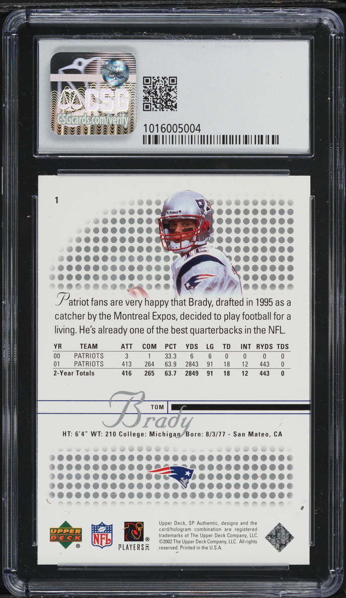 2002 SP Authentic Tom Brady #1 CSG 10 PRISTINE