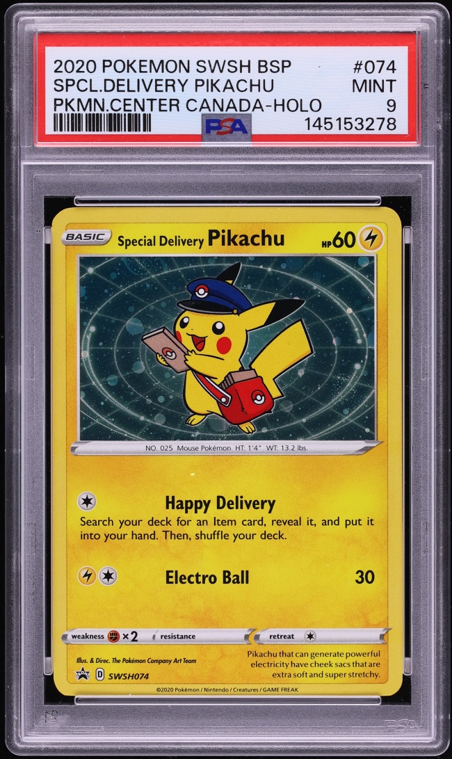 2020 Pokemon Sword & Shield Promo Center Canada Holo Special Delivery Pikachu #74 PSA 9 MINT