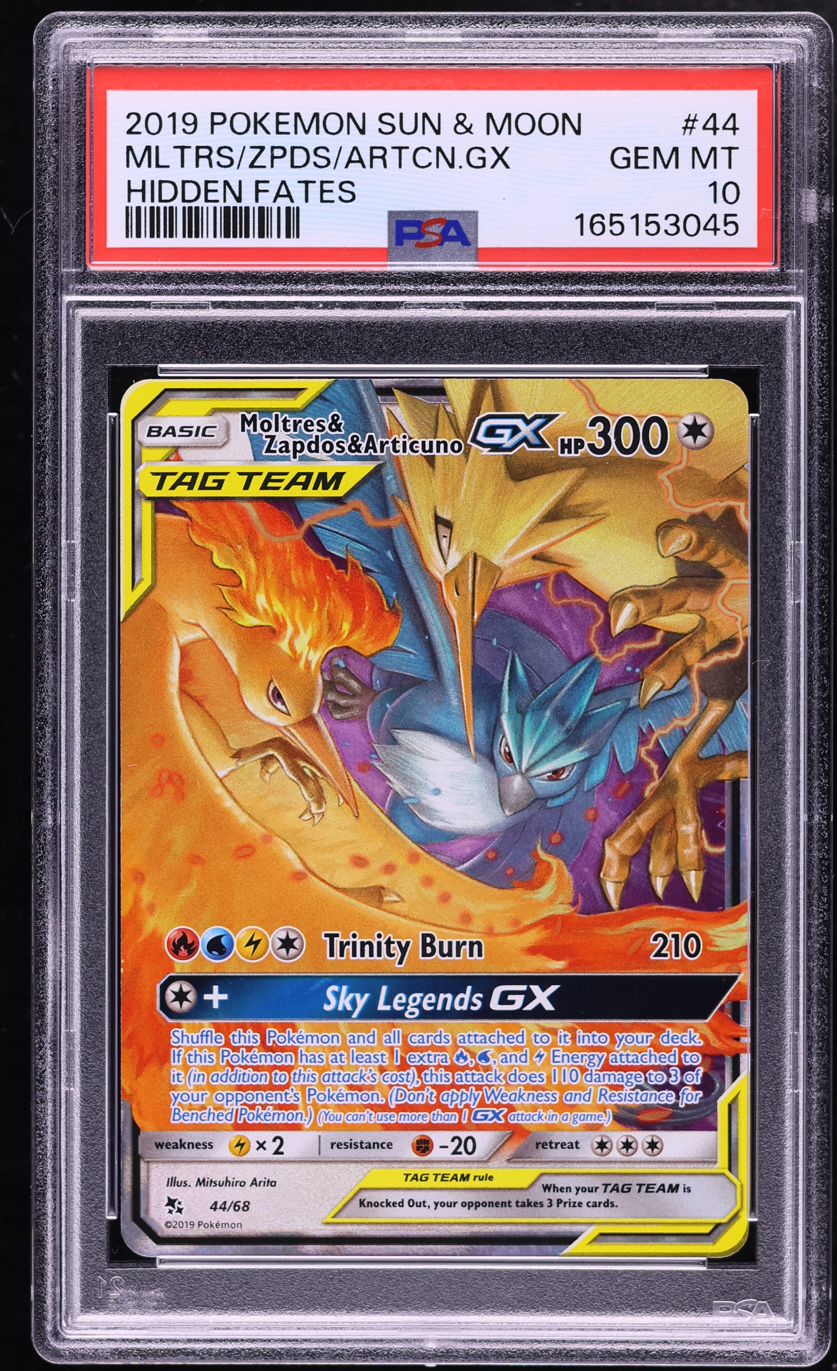 2019 Pokemon Sun & Moon Hidden Fates Holo Moltres & Zapdos & Articuno GX #44 PSA 10 GEM MINT