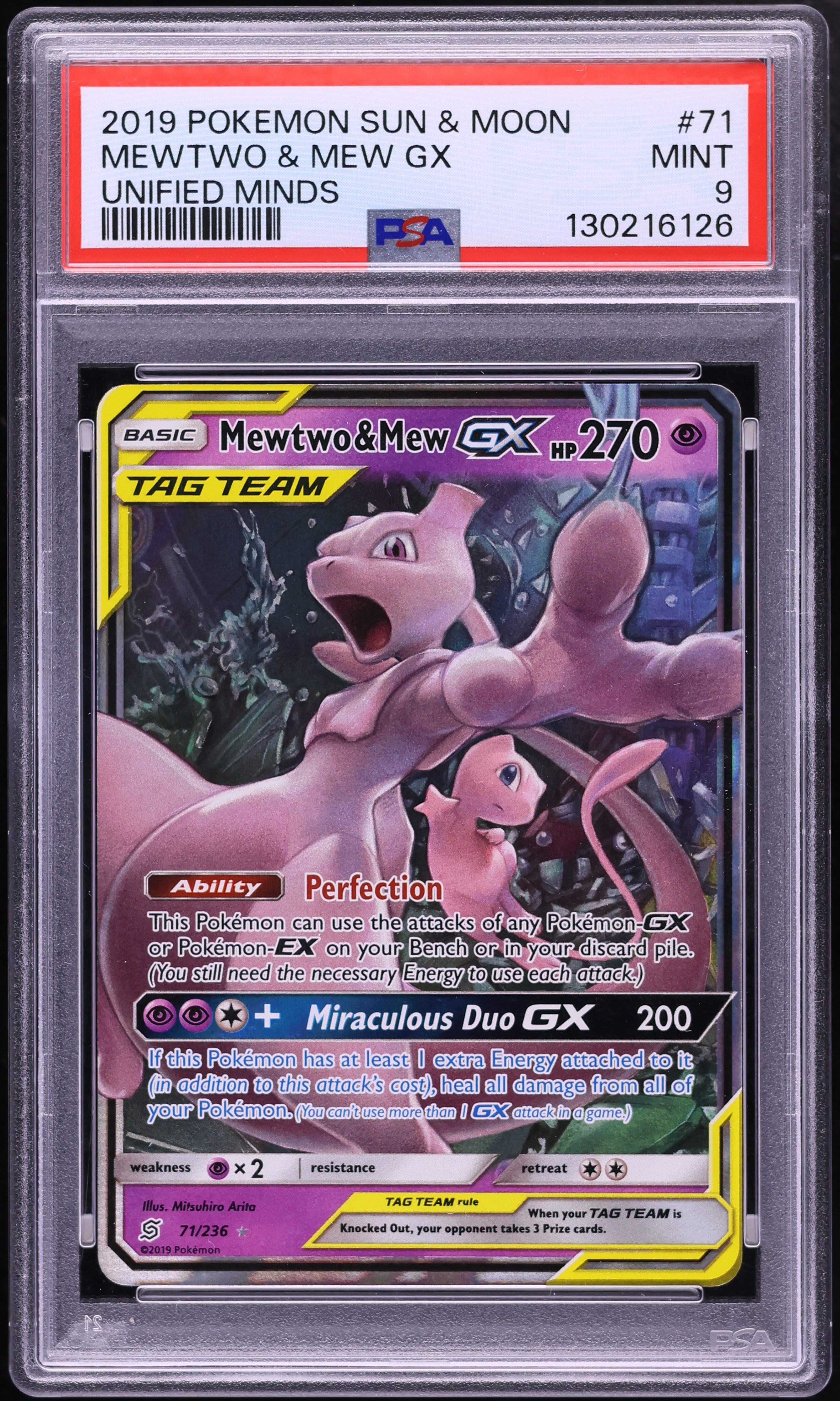 2019 Pokemon Sun & Moon Unified Minds Holo Mewtwo & Mew GX #71 PSA 9 MINT