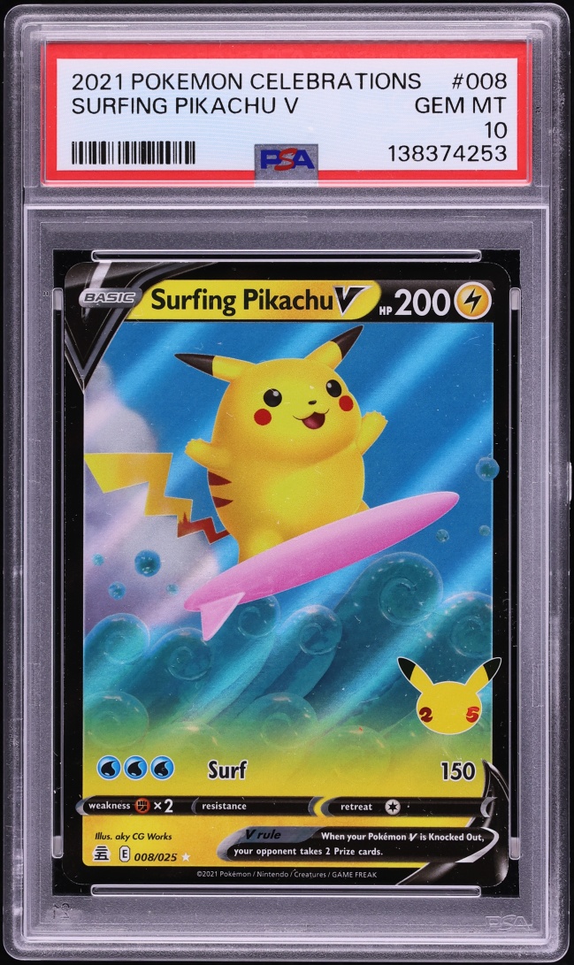 2021 Pokemon Sword & Shield Celebrations Holo Surfing Pikachu V #8 PSA 10 GEM MINT