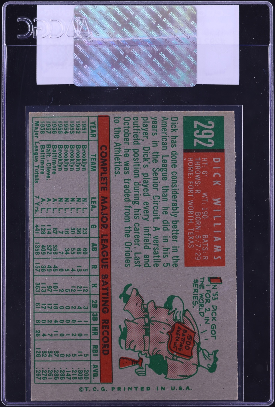 1959 Topps Dick Williams #292 CGC AUTH