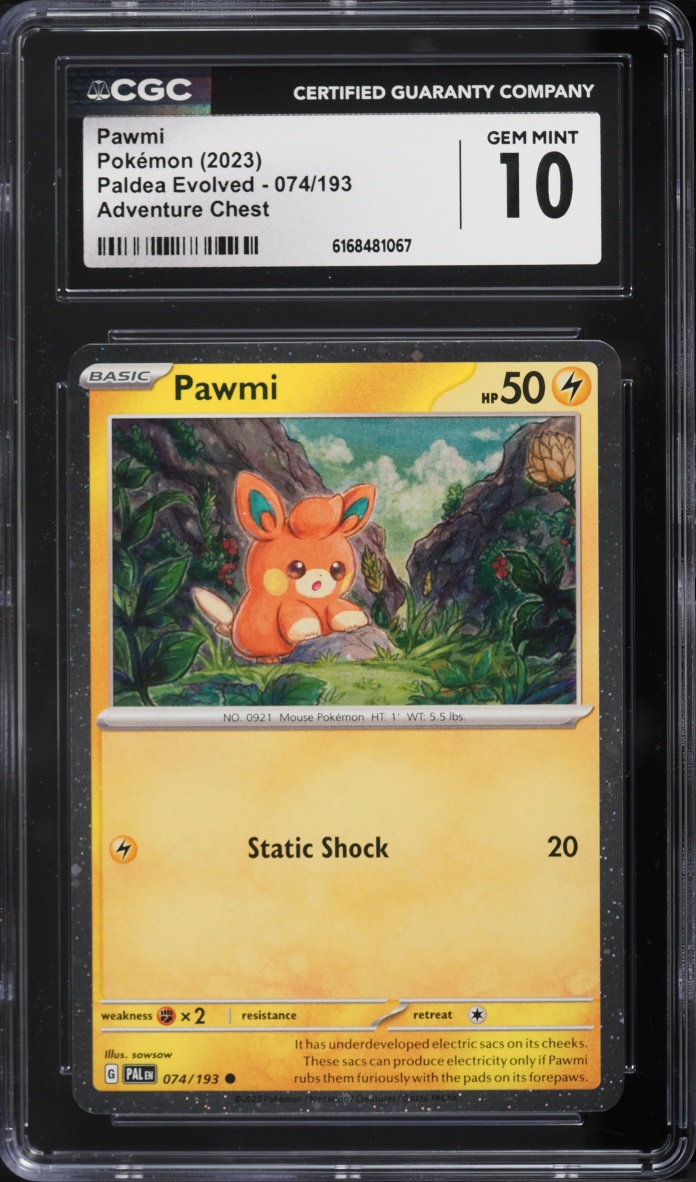 2023 Pokemon Scarlet & Violet Paldea Evolved Adventure Chest Pawmi #74 CGC 10 GEM MINT