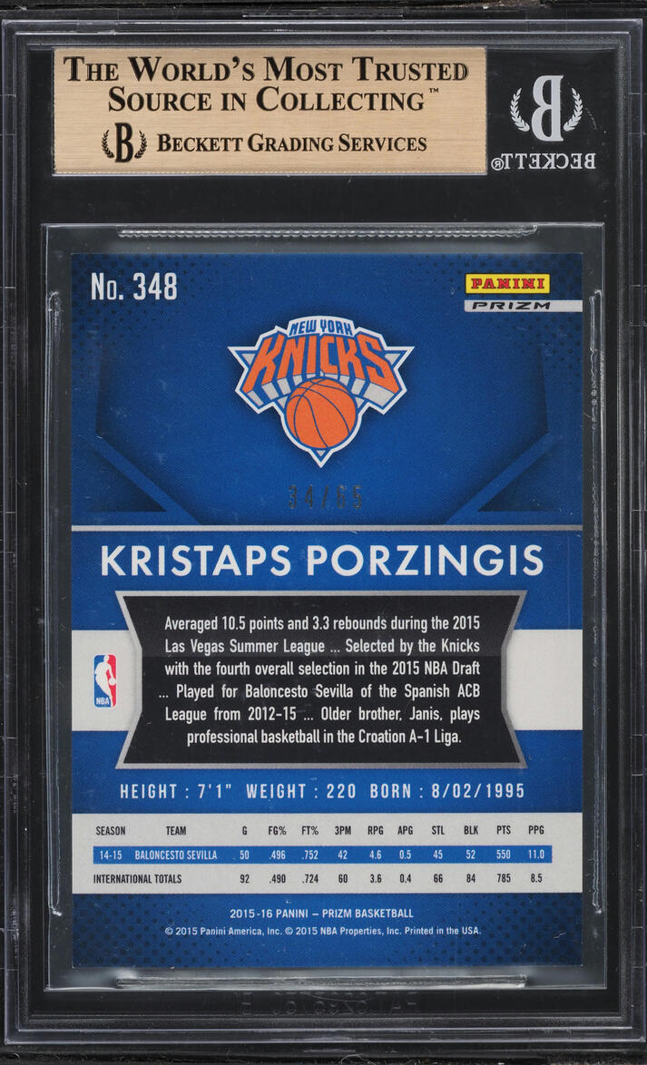 2015 Panini Prizm Orange Kristaps Porzingis ROOKIE /65 #348 BGS 9.5 GEM MINT