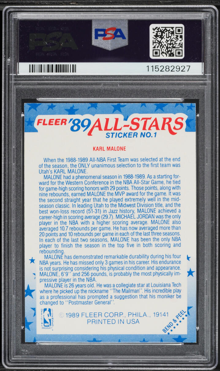 1989 Fleer Sticker Karl Malone #1 PSA 8 NM-MT
