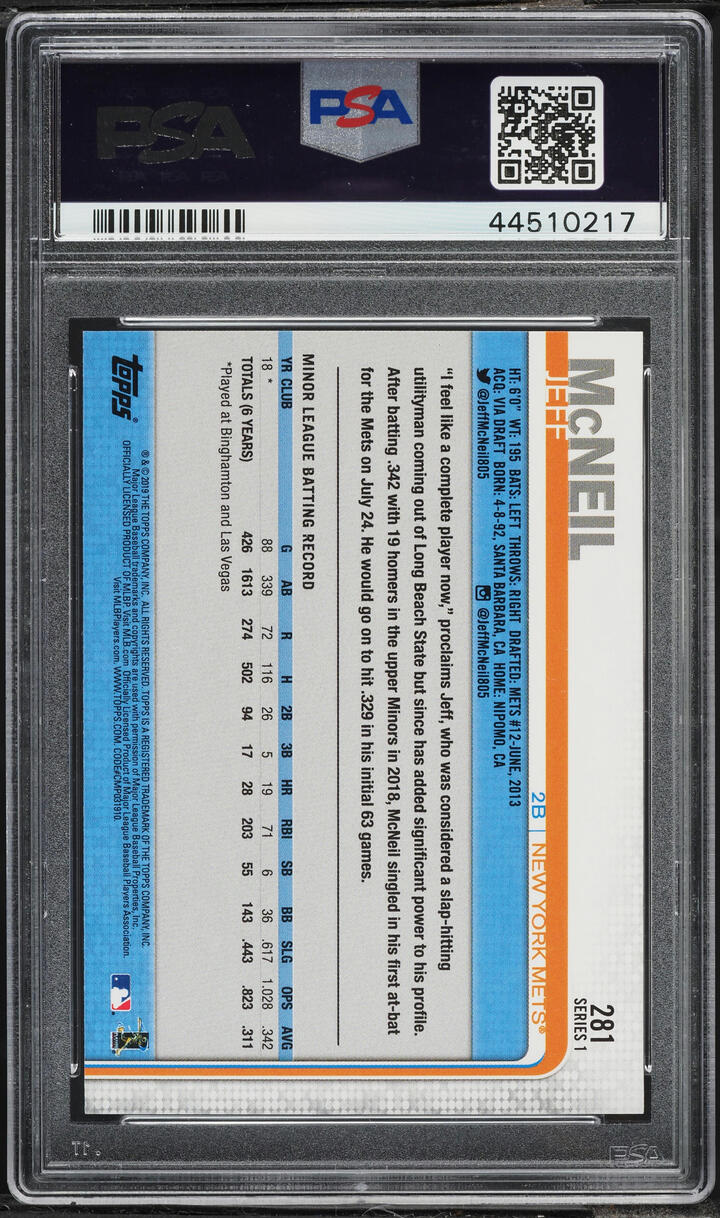 2019 Topps Jeff McNeil ROOKIE #281 PSA 10 GEM MINT