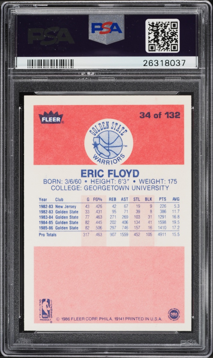 1986 Fleer Basketball Eric Floyd #34 PSA 9 MINT