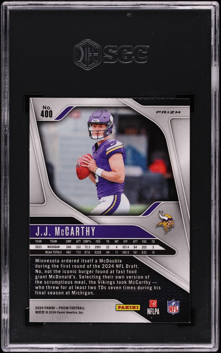 2024 Panini Prizm Lazer JJ Mccarthy ROOKIE #400 SGC 10 GEM MINT