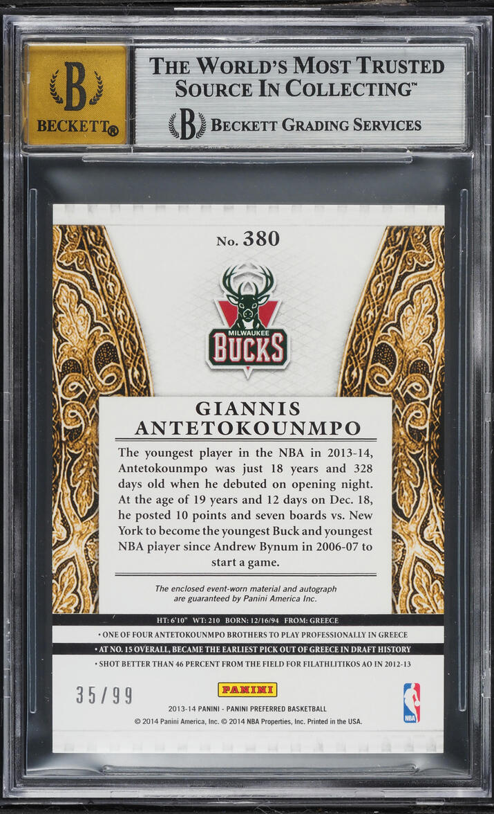 2013 Panini Preferred Giannis Antetokounmpo ROOKIE PATCH AUTO /99 #380 BGS 8.5 NM-MT+