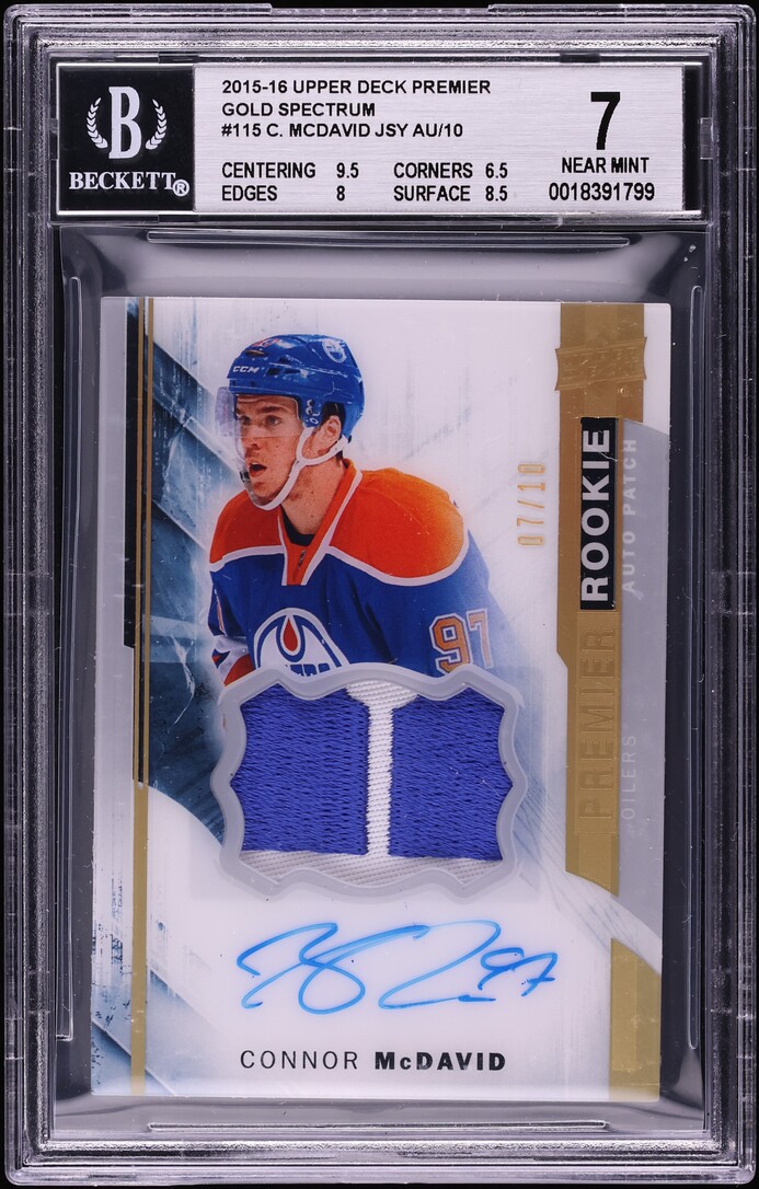 2015 Upper Deck Premier Gold Spectrum Connor McDavid ROOKIE PATCH AUTO /10 #115 BGS 7 NRMT