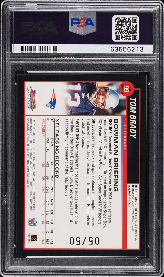 2002 Bowman Chrome Gold Refractor Tom Brady /50 #99 PSA 10 GEM MINT