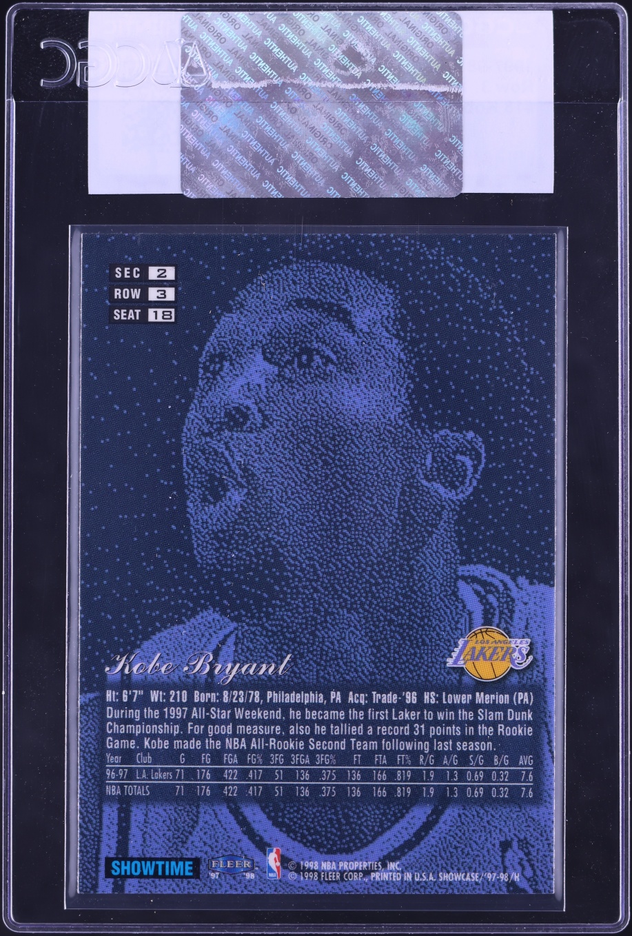 1997 Flair Showcase Row 3 Kobe Bryant #18 CGC AUTH