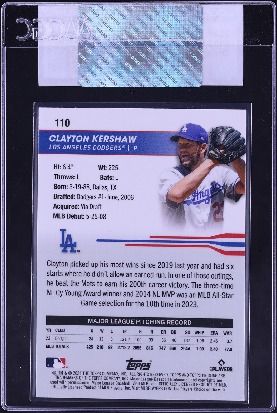 2024 Topps Pristine Orange Refractor Clayton Kershaw /25 #110 CGC AUTH