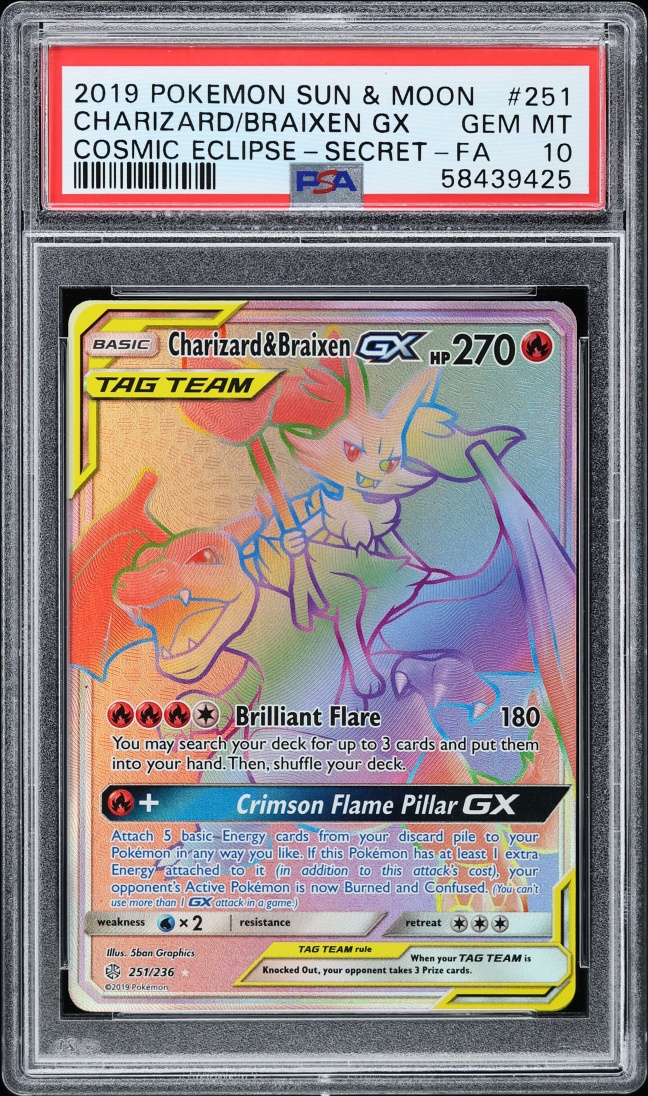 2019 Pokemon Sun & Moon Cosmic Eclipse Rainbow Rare Charizard & Braixen GX #251 PSA 10 GEM MINT