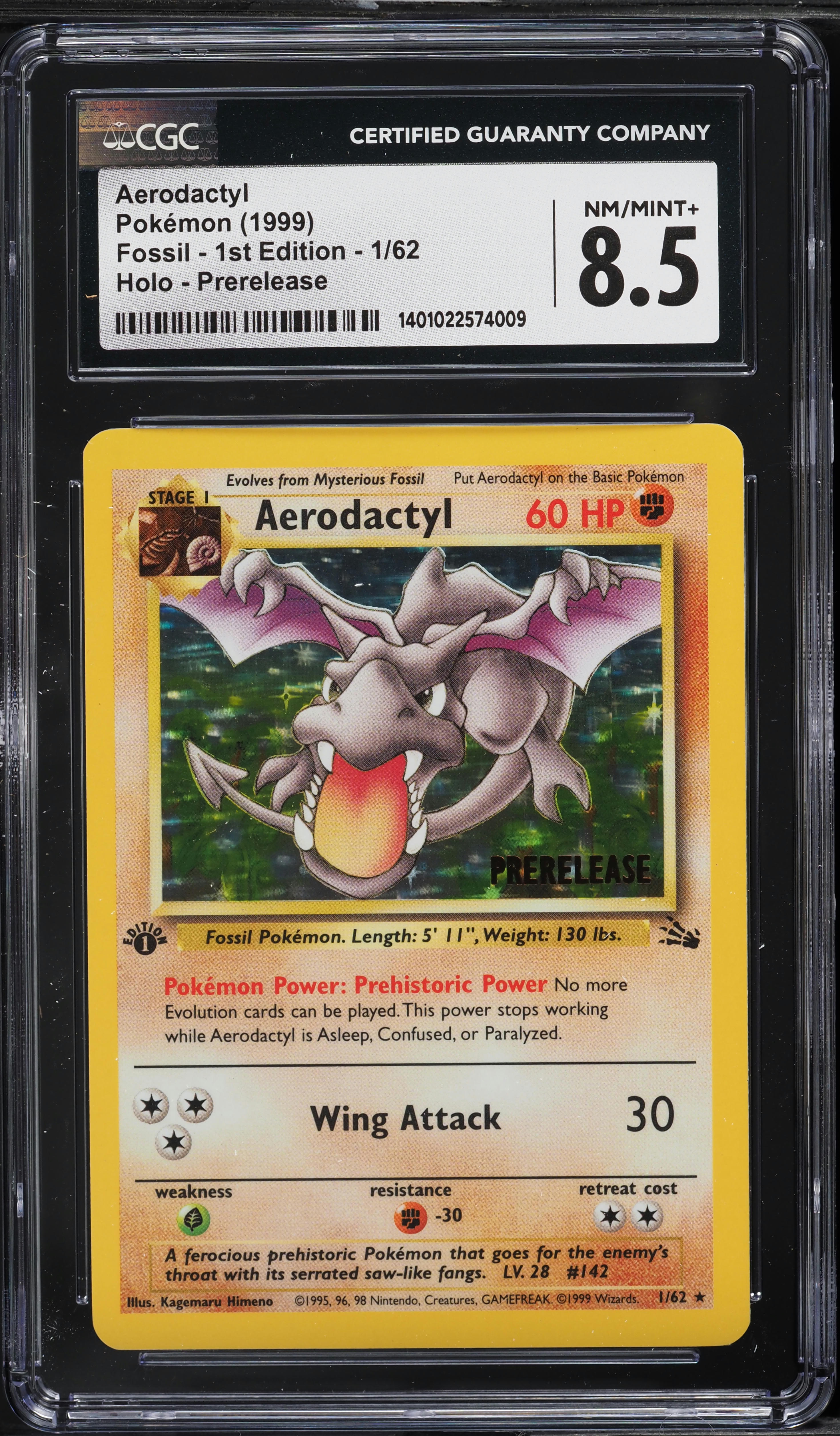 1999 Pokemon Fossil 1st Edition Prerelease Holo Aerodactyl #1 CGC 8.5 NM-MT+