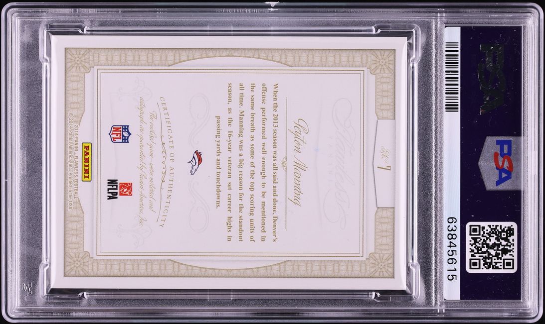 2014 Panini Flawless Greats Dual Ruby Peyton Manning GAME WORN PATCH AUTO /15 #7 PSA 9 MINT - Photo 2