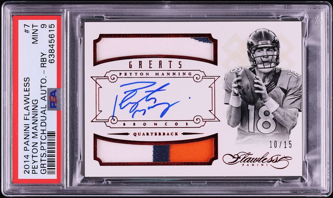 2014 Panini Flawless Greats Dual Ruby Peyton Manning GAME WORN PATCH AUTO /15 #7 PSA 9 MINT