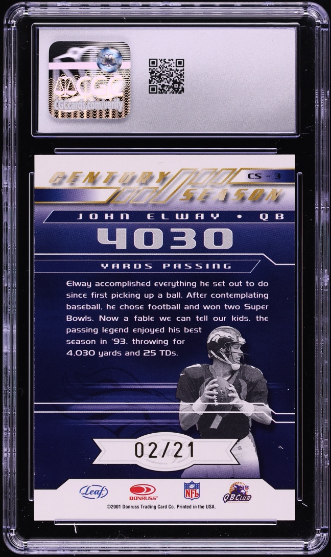 2001 Quantum Leaf Century Season Signatures John Elway AUTO /21 #CS-3 CGC 8 NM-MT - Photo 2