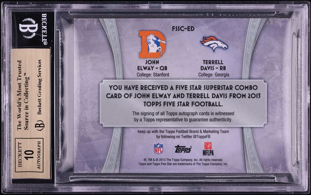 2013 Topps Five Star Superstar Combo John Elway Terrell Davis AUTO 10/10 BGS 9.5 GEM MINT - Photo 2