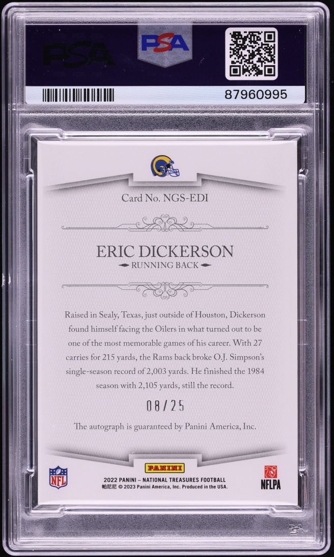 2022 National Treasures NFL Greatest Eric Dickerson AUTO /25 #NGS-EDI PSA 9 MINT - Photo 2