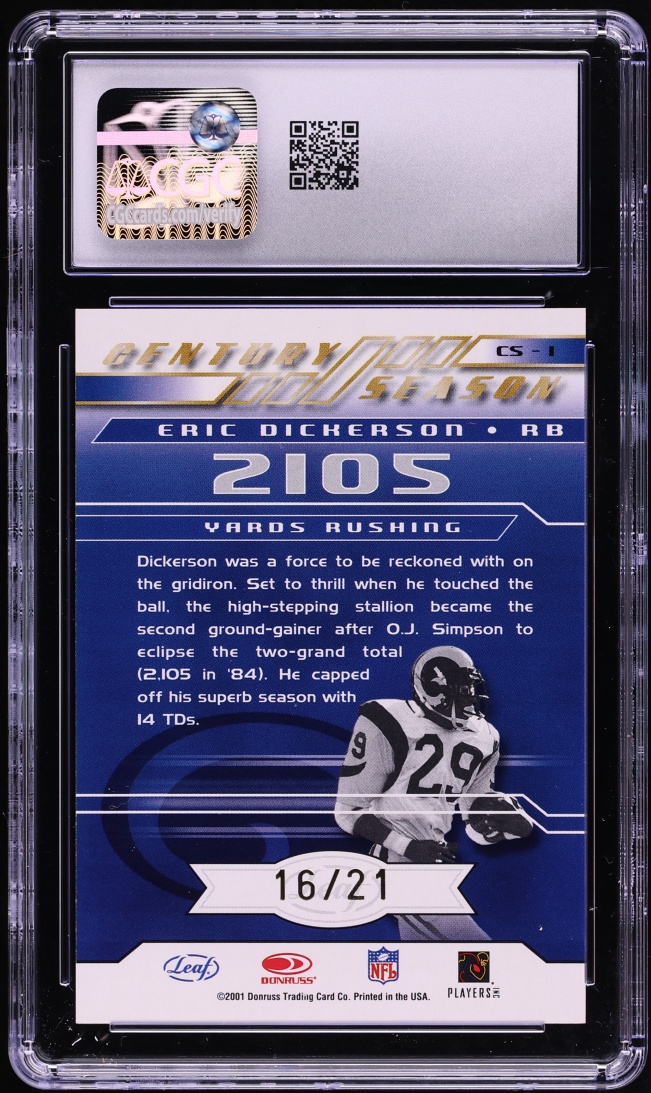2001 Quantum Leaf Century Season Signatures Eric Dickerson AUTO /21 #CS-1 CGC 9 MINT - Photo 2