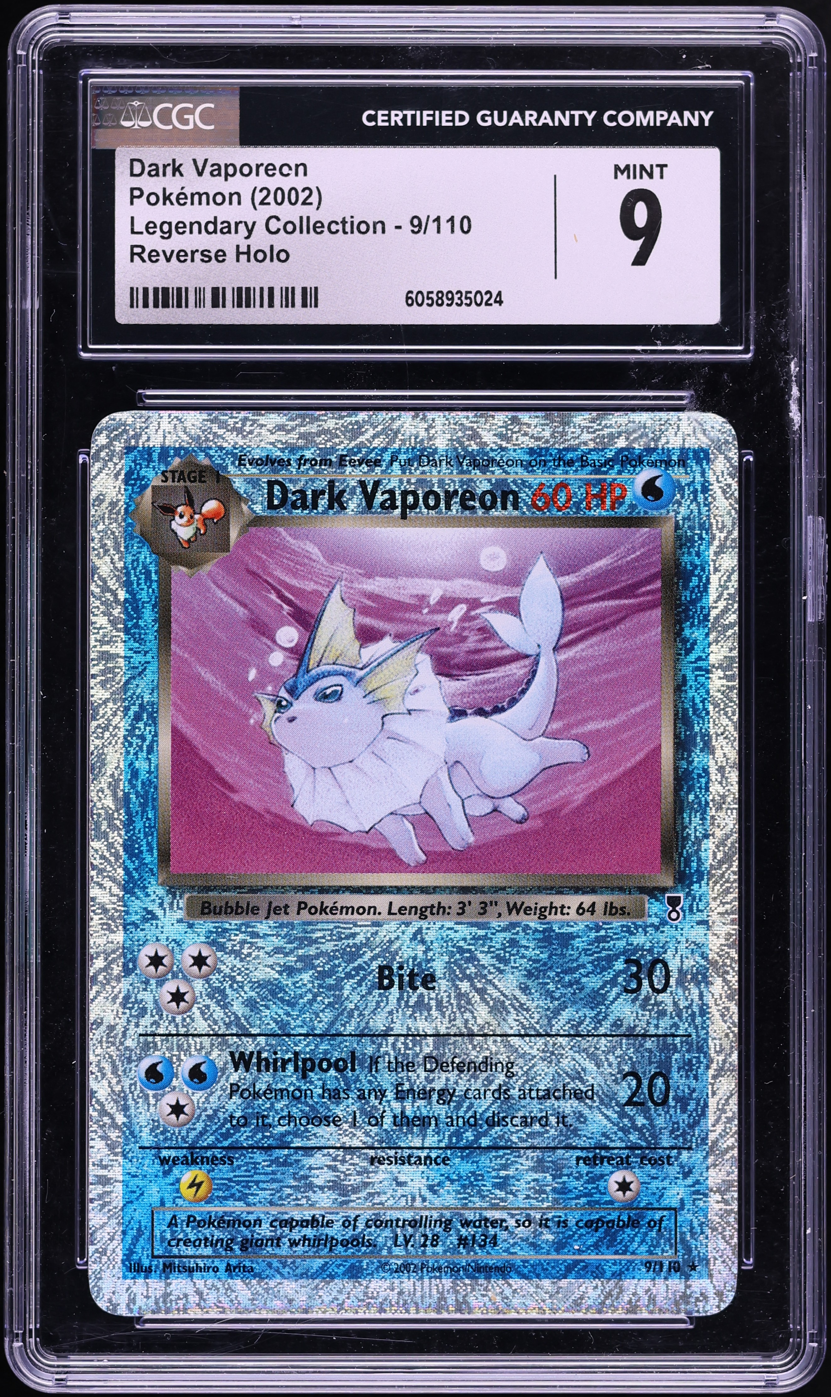 2002 Pokemon Legendary Collection Reverse Holo Dark Vaporeon #9 CGC 9 MINT