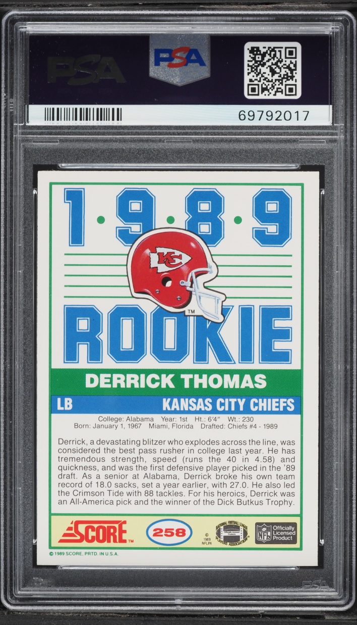 1989 Score Football Derrick Thomas ROOKIE #258 PSA 9 MINT