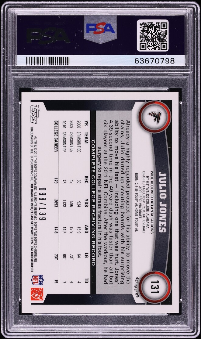 2011 Topps Chrome Chrystal Atomic Refractor Julio Jones ROOKIE /139 #131 PSA 9 MINT - Photo 2