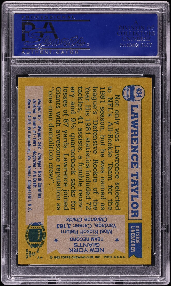 1982 Topps Football Lawrence Taylor ROOKIE, ALL-PRO #434 PSA 9 MINT - Photo 2