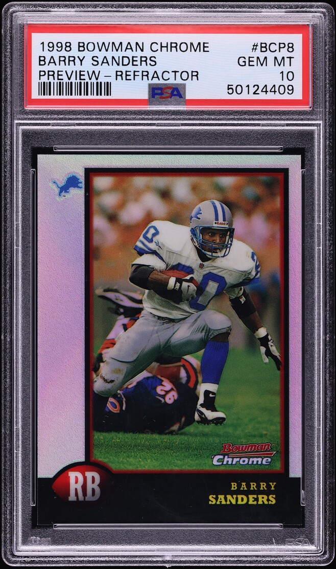 1998 Bowman Chrome Preview Refractor Barry Sanders #BCP8 PSA 10 GEM MINT - Photo 1