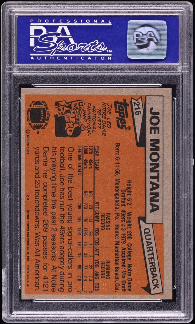 1981 Topps Football Joe Montana ROOKIE #216 PSA 9 MINT - Photo 2